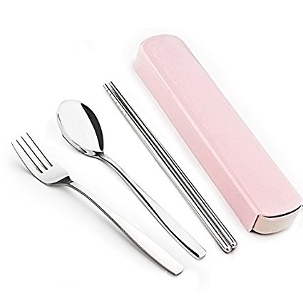 K-Steel 3PCS Portable Flatware Spoon Fork Chopsticks Tableware Set 304 Stainless Steel Dinnerware Silver with Travel Box - Pink