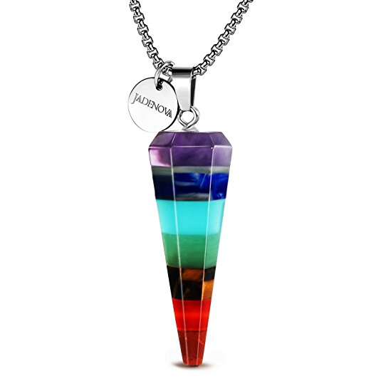 JADENOVA 7 Chakra Stacked Layered Gemstone Pendant Necklace with Energy Healing Crystal Dowsing Divination Pendulum 18" Stainless Steel Chain
