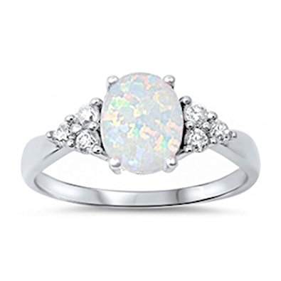 Sterling Silver Oval Lab Created White Opal & White Simulated Diamond Ring Sizes 4-12