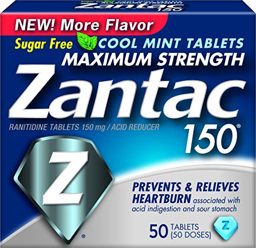 Zantac 150 Maximum Strength Tablets, Cool Mint, 50 Count, Helps Relieve and Prevent Heartburn Associated with Acid Indigestion or Sour Stomach, Use Before or After Meals or Before Bed at Night