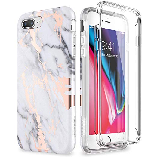 SURITCH Marble iPhone 8 Plus Case/iPhone 7 Plus Case, [Built-in Screen Protector] Full-Body Protection Hard PC Bumper   Glossy Soft TPU Rubber Shockproof Cover for iPhone 7 Plus/8 Plus- White/Gold
