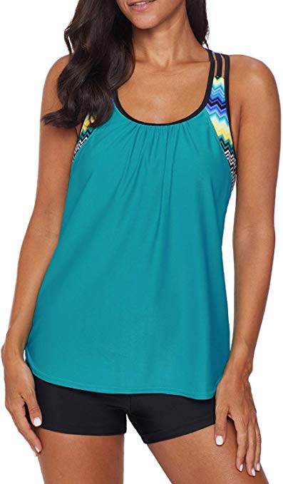 EVALESS Women 2 Pieces Layered Style Printed Tankini with Boy Short Racerback Swimsuits