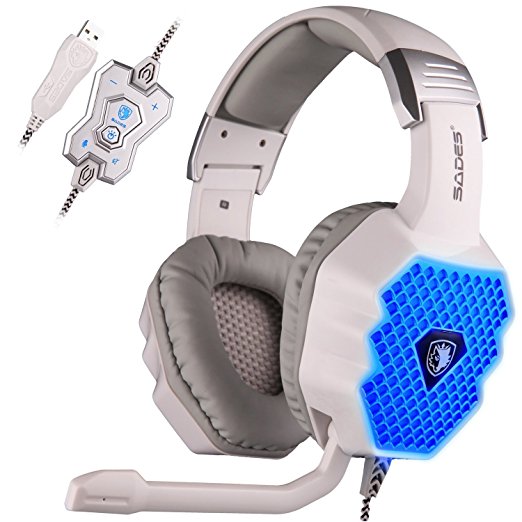 SADES A70 7.1 USB Surround Sound Stereo PC Gaming Headsets Headband Headphones with Microphone Volume Control Noise-Canceling Cool Breathing LED Lights(White)