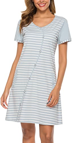 COLORFULLEAF Women's Cotton Nightgown Striped Short Sleeve Nightshirt Sleep Dress