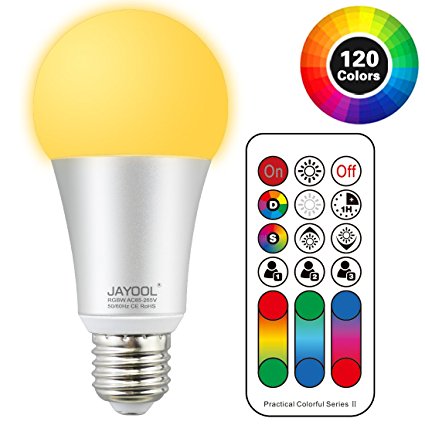 Jayool 10W E27 LED Colour Changing Light Bulb, Edison Screw Dimmable Coloured Bulbs with Remote Control, 120 RGB Colours  Warm White, Timing and Dual Memory-4th Generation(1 Pack)