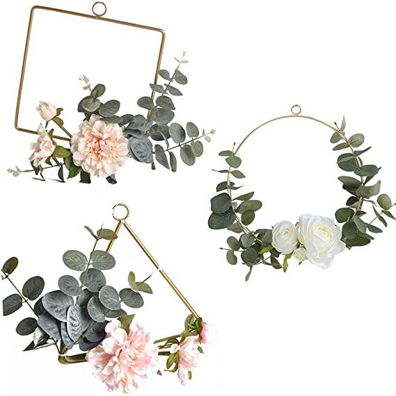 Pack of 3 Flower Hoop Wreath Metal Geometric Rings with Artificial Eucalyptus Blush & White Blossoms for Wedding Backdrop Bohemia Home Decor