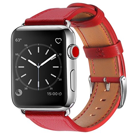 Apple Watch Band 42mm, Marge Plus Genuine Leather iwatch Strap Replacement Band with Stainless Metal Buckle for Apple Watch Series 3 Series 2 Series 1 Sport and Edition, Red