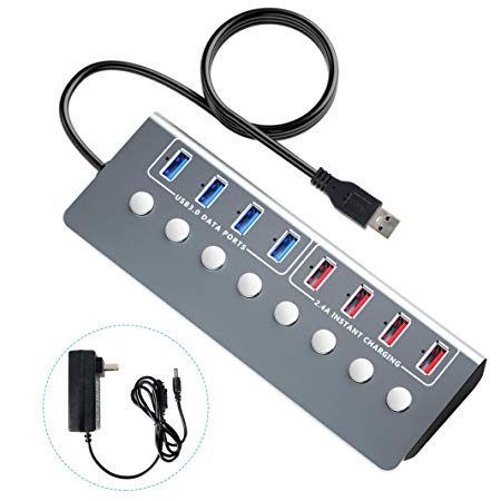 Powered USB Hub 3.0,Aluminum 8 Port USB Data Charging Hub Splitter with Individual Power Switches,LED Indicators and 12V/4A Power Adapter (4.9ft Extended Cable)