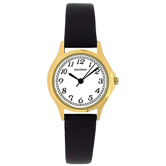 Sekonda Ladies Analogue Gold Plated White Dial Black Strap Casual Watch 4134