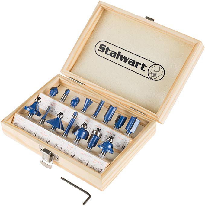 Stalwart Router Bit Set-15 Piece Kit with ¼” Shank and Wood Storage Case by Stalwart (Woodworking Tools for Home Improvement and DIY)