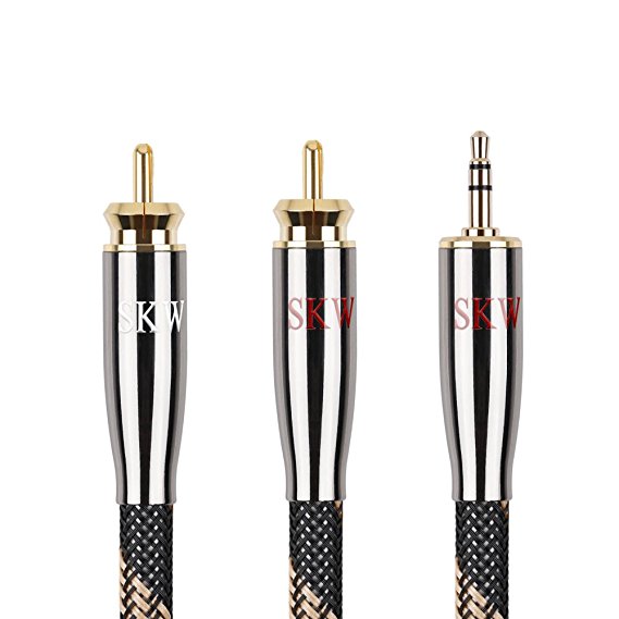 Audiophiles Dual Shielded Gold-Plated 4N Oxygen Free Copper With OD 6mm Digital Audio Coaxial Cable 3.5mm Male to 2 RCA Male Stereo Audio Y Cable- 5 Feet
