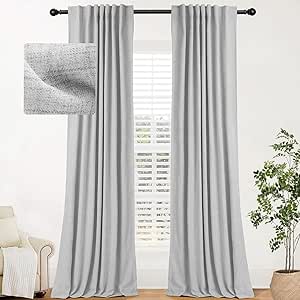 INOVADAY 100% Blackout Curtains for Bedroom 96 Inches Long 2 Panels Set, Back Tab/Rod Pocket Faux Linen Blackout Curtains, Thermal Insulated Darkening Drapes for Living Room, 52''W x 96''L, Grey