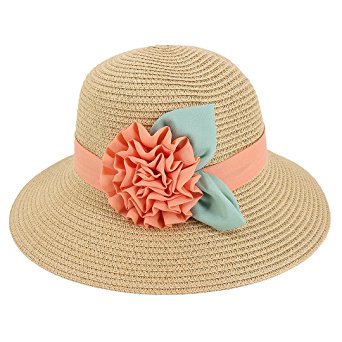 Multifit Girls Large Brim Sunhat Wavy Beach Straw Hat Cute Sun Cap