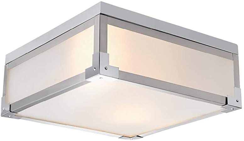 Globe Electric Blair 2 Flush Mount Ceiling Light, Brushed Steel, Chrome Accents, Frosted Glass Shade 60339, 5.2"