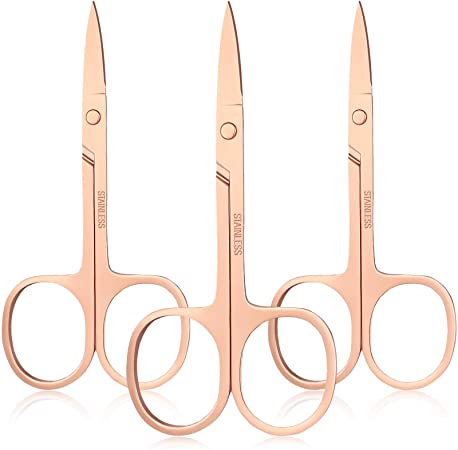 3 Pieces Curved Nail Scissors Stainless Steel Small Nail Scissors Nose Hair Scissors Facial Hair Scissors Cuticle Trimmer Manicure Scissors for Eyebrows, Nose, Mustache, Beard and Nails (Rose Gold)