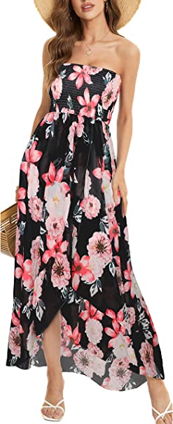 CHICGAL Women's Strapless Maxi Dresses for Summer Vacation Sundress Ruffle Long Beach Cover Ups