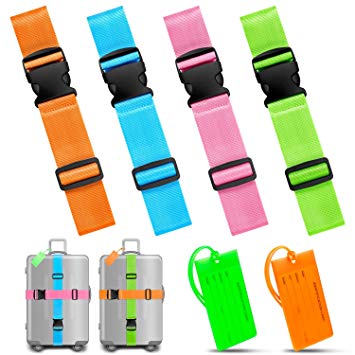 TUTUWEN 4 Packs Luggage Straps & 2 Packs Travel Flexible Travel Luggage Tags for Baggage Bags/Suitcases, Multi Color Pack