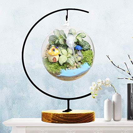 Ornament Display Stand Flower Plant Pot Stand Holder Iron Pothook Stand for Hanging Glass Terrarium (Wood)