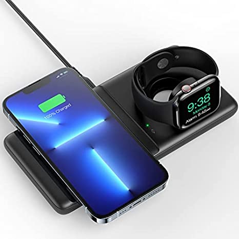 SAFUEL 2 in 1 Wireless Charger, 15W Qi Certified Wireless Charging Pad for iPhone 13 12 11 Pro Max Mini Samsung S22 S21 S20 LG Google iWatch 7 6 5 4 SE AirPods etc（Watch Charging Cable Not Included）
