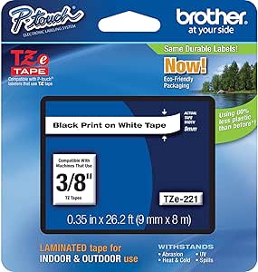 Brother Genuine P-touch TZE-221 Tape, 3/8" (0.35") Standard Laminated P-touch Tape, Black on White, Laminated for Indoor or Outdoor Use, Water Resistant, 26.2 Feet (8M), Single-Pack