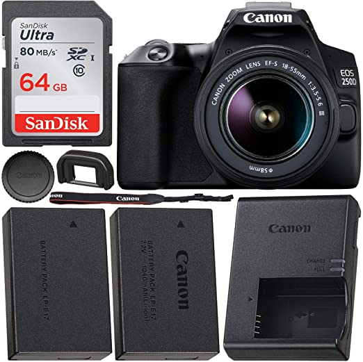 Canon EOS 250D (Rebel SL3) DSLR Camera with 18-55mm DC III Lens & Starter Accessory Bundle – Includes: Free SanDisk Ultra 64GB SDXC Memory Card & Extended Life Spare Battery