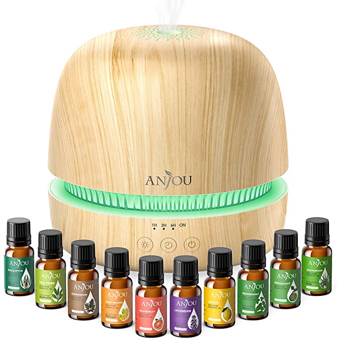 Anjou Essential Oil Diffusers Set, 300ML Ultrasonic Aromatherapy Oil Diffuser with Top 10 Pure Natural Essential Oils, 7 Color LED Light, Cool Mist Humidifier with Auto Shut-off Timer for Home Office