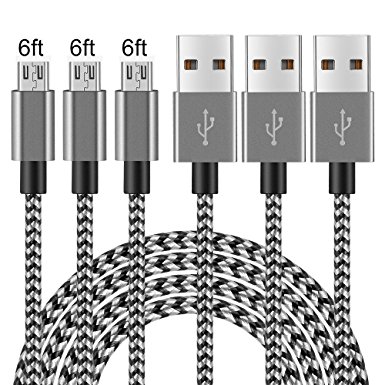 Micro USB Cable, Ant Saver 3Pack 6FT Long Nylon Braided Android Windows Fast Charging Charger Cord Durable USB2.0 Sync&Charging PowerLine for Samsung Galaxy S7 S6 Sony LG Smartphones Black  Gray