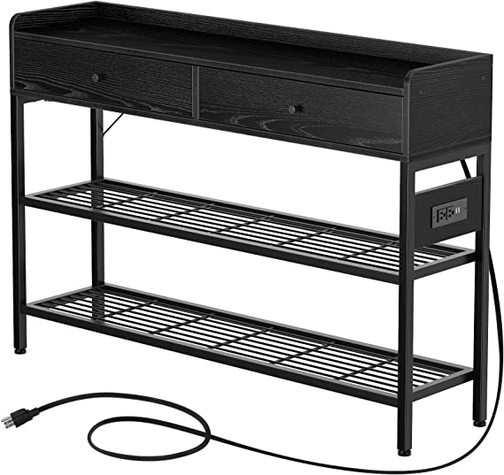 Rolanstar Entryway Table with Drawers,31.5” Entry Hallway Table with Charging Station Metal Storage Shelves,3-Tier Console Sofa Table Entry Stand with LED Lights for Couch, Entrance, Living Room