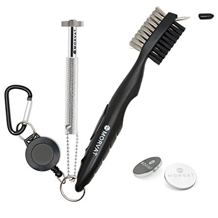 Morvat Golf Club Sharpener and Groove Cleaner with 2 Sided Bristle Brush Kit - Includes 2 Heavy Duty Silver Ball Markers