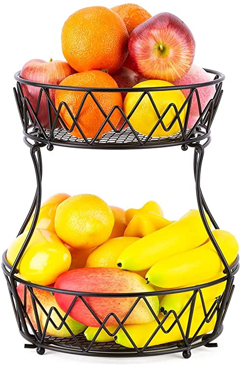 Two Tier Counter top Fruit Basket Fruit Bowl Bread Basket Vegetable Rack for for Fruit, Vegetables, Snacks, Home, Kitchen and Bathroom Storage