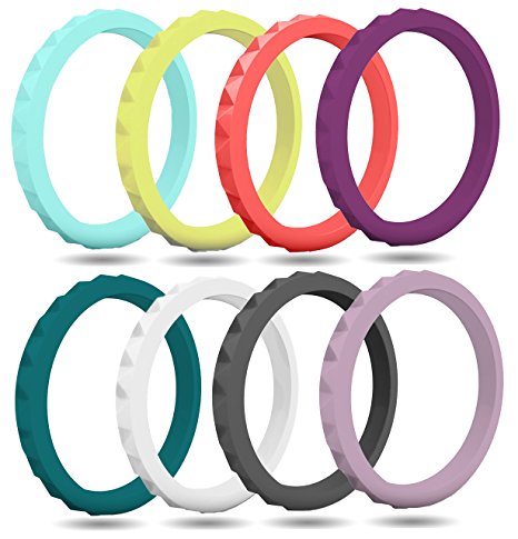 FluxActive Silicone Wedding Ring for Women by (8 Pack) Thin Stackable Rubber Bands - Diamond Pattern