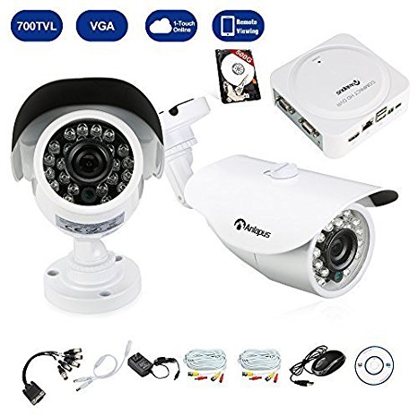 Anlapus Mini 4CH DVR 2 X 700TVL Indoor Outdoor 65FT Night Vision 4.6mm Cameras Metal Housing Home CCTV Surveillance Security System (2camera 4CH 500g HDD)