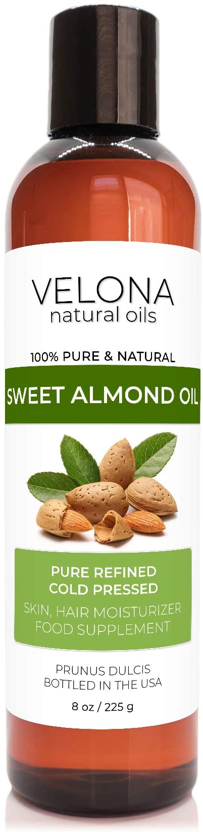 100% Sweet Almond Oil by Velona | All Natural Clear Carrier Oil for Face, Hair, Body and Skin Care | Refined, Cold Pressed | Size: 8 OZ