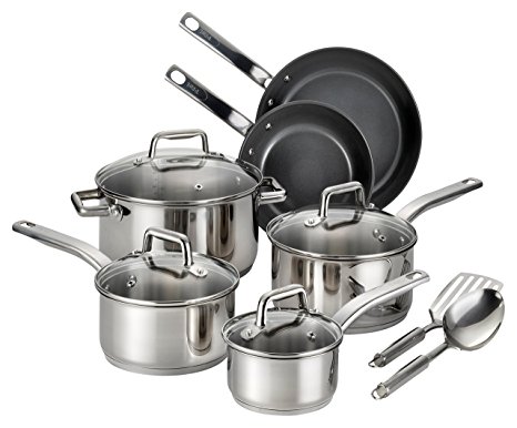 T-fal C718SC Precision Stainless Steel Nonstick Ceramic Coating PTFE PFOA and Cadmium Free Scratch Resistant Dishwasher Safe Oven Safe Cookware Set, 12-Piece, Silver