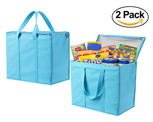2 Pack Insulated Reusable Grocery Bag by VENO, Durable, Heavy Duty, Extra Large Size, Stands Upright, Collapsible, Sturdy Zipper, Eco-Friendly (Cyan, 2)