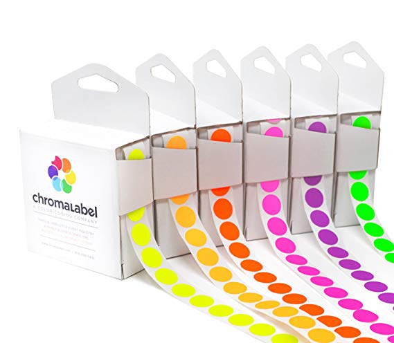 ChromaLabel Fluorescent Color-Code Dot Label Kit | 6 Assorted Colors | 1000/Dispenser Box (1/2 inch)