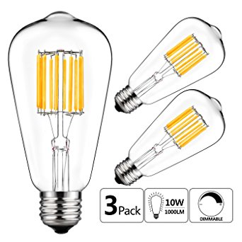 GEZEE 10W Edison Style Vintage LED Filament Light Bulb, 100W Incandescent Replacement,Warm White 2700K,1000LM, E26 Medium Base Lamp, ST21(ST64) Antique Shape, Dimmable(3 Pack)