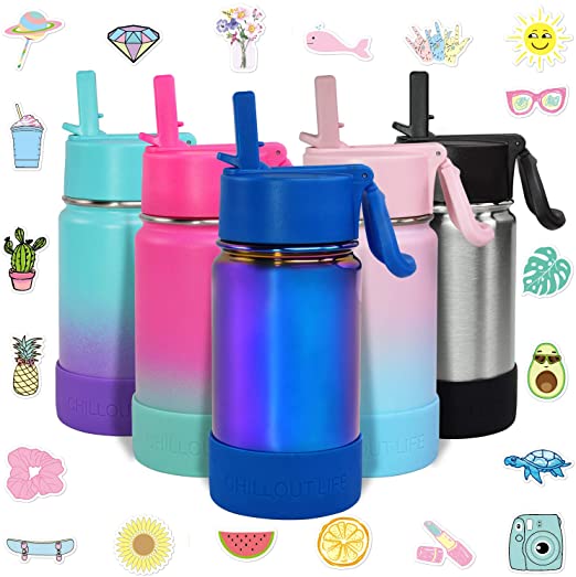 CHILLOUT LIFE 12 oz Insulated Water Bottle with Straw Lid for Kids   20 Cute Waterproof Stickers - Perfect for Personalizing Your Kids Metal Water Bottle