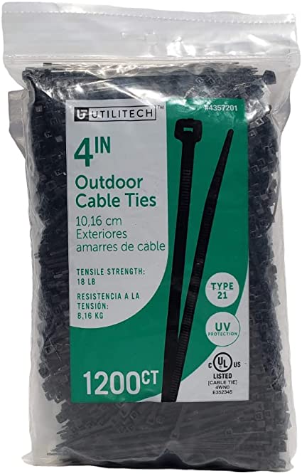 Utilitech 4 Inch-1200 Pk, Outdoor, 18lb Strength, UV Resistant Zip Ties, Bulk Bag, Cable Zip Ties 1200 count, UV Resistant Zip Ties, Zip Ties 1200, Type 21S