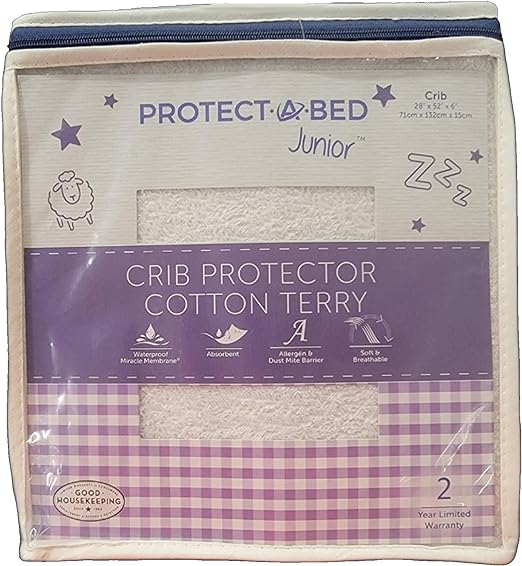 Protect-A-Bed, Junior Cotton Terry Crib Mattress Protector, Waterproof, 5-Sided, Crib Size - 28” x 52” x 6”