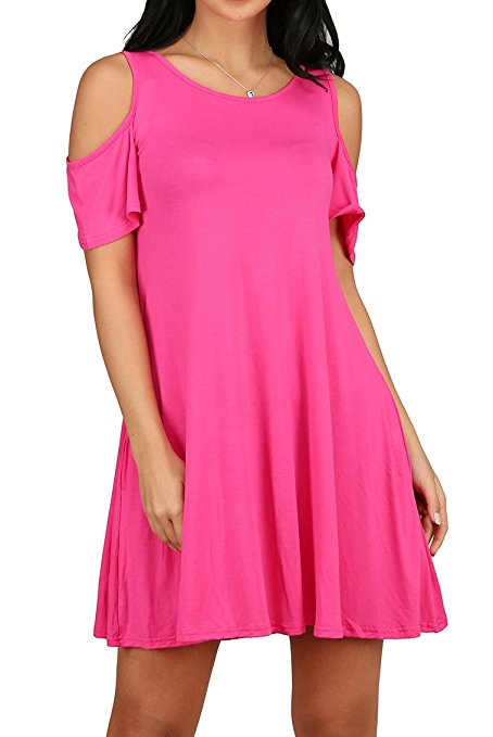 OFEEFAN Women's Cold Shoulder Tunic Top T-shirt Swing Dress With Pockets