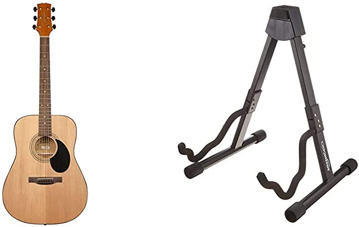 Jasmine S35 Acoustic Guitar, Natural & Amazon Basics Guitar Folding A-Frame Stand for Acoustic and Electric Guitars