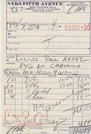 LUCILLE BALL (I Love Lucy) signed receipt to SAKS FIFTH AVENUE