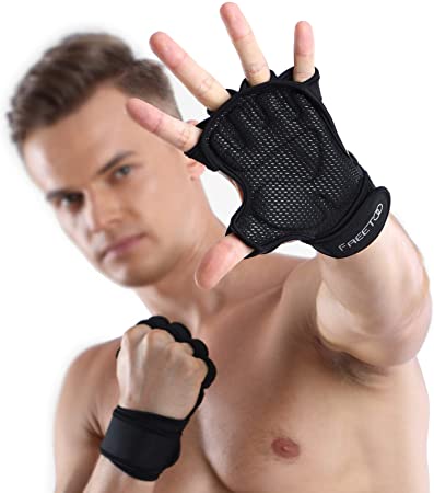 FREETOO Protective Weight Lifting Gloves with 0.16" EVA Padded and Wrist Wrap Support, Men Grip Silicone Printed Hardwearing Microfiber Fitness Gloves, Breathable Neoprene Exercise Gloves with Vents