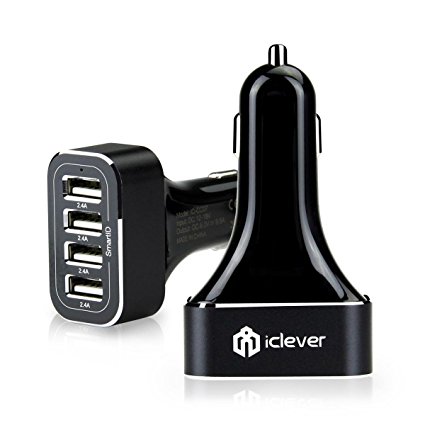 ICLEVER BoostDrive 48W 9.6A 4-Port USB Car Charger, Multi-port Power Adapter with SmartID Technology, Black