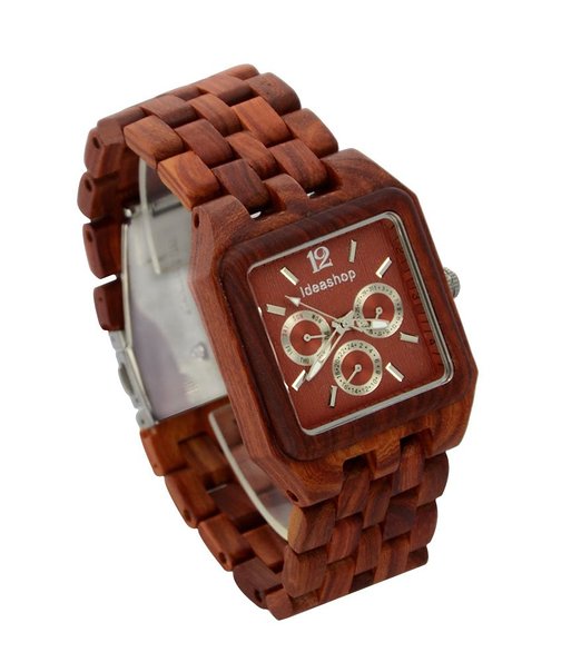 Ideashop Men's Date Time Week 24 Hours Square Reddish Wood Watch Quartz Dial Gift Watch for Men