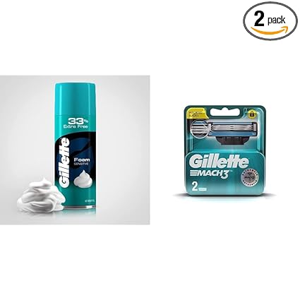 Gillette Classic Sensitive Shave Foam - 418 g (33% extra) & Gillette Mach 3 Manual Shaving Razor Blades - 2s Pack (Cartridge)