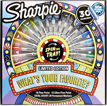 Sharpie Permanent Markers with Spinning Tray, Fine & Ultra-Fine Tip, Multi Color 30 Pack