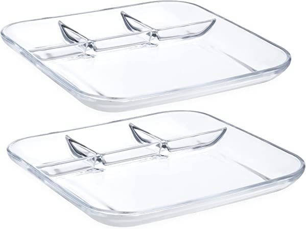 Navaris Glass Divided Plates (Set of 2) - 4 Section Divider Snack Plate for Adults, Serving, Portion Control - Square Clear Platter with Food Dividers