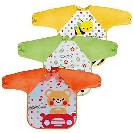 Long Sleeve Baby Bibs for Boy or Girl Waterproof Toddler Bibs 6-36 Months Neutral Baby Smock for Eating,Reusable Infant Baby Bibs for Feeding Teething or Weaning 3 Pcs